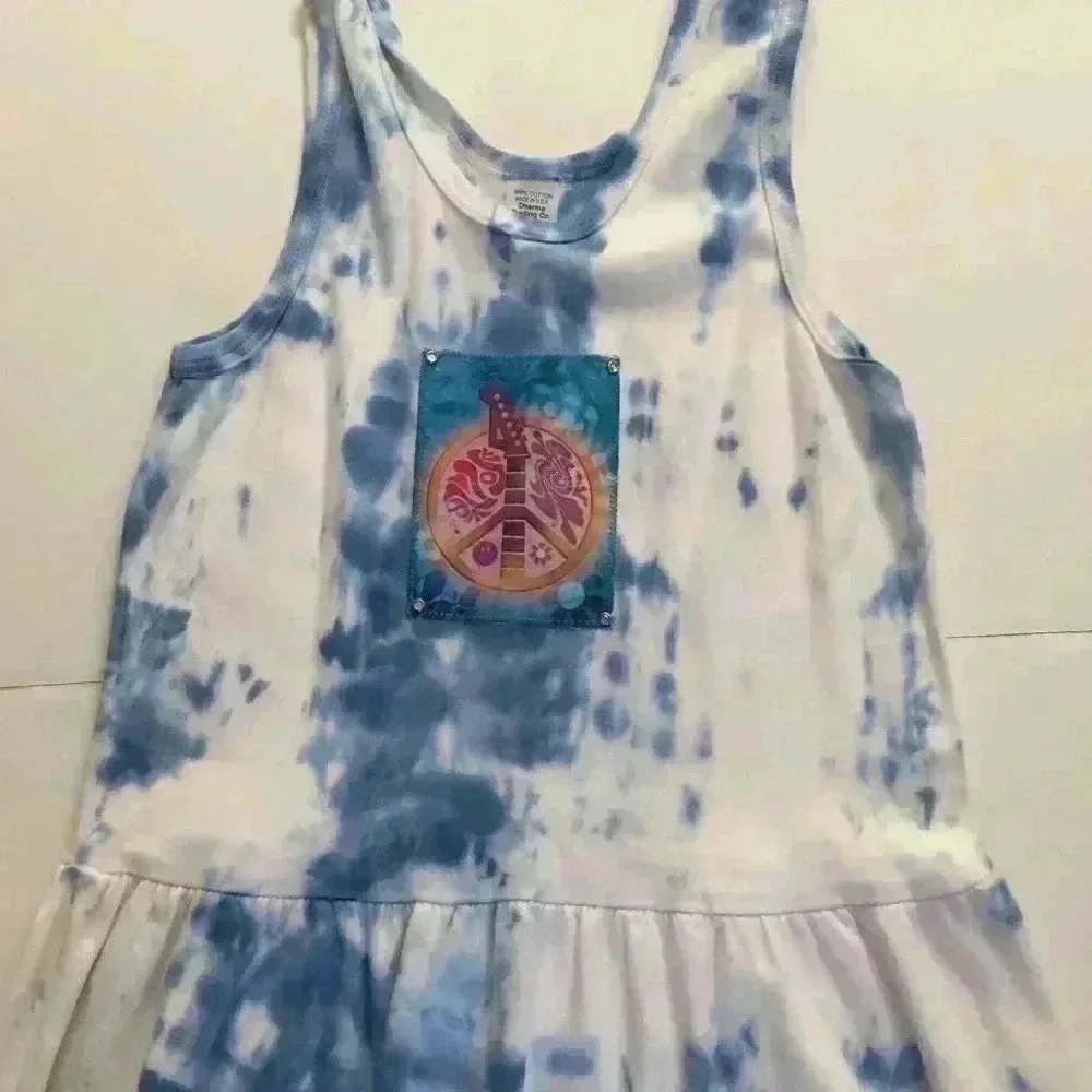New! Tie dyed Tank dress with sewn on patch peace boho girls 10
